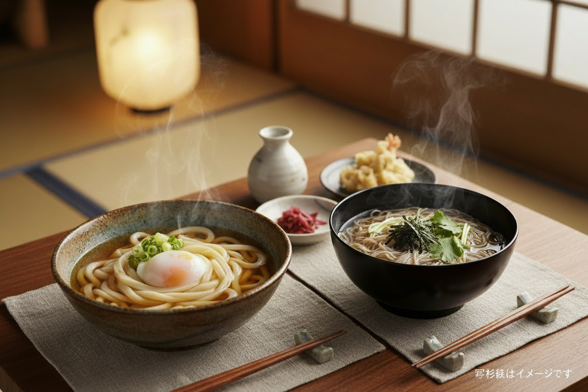 【優待特選店】 ■木箱入り■  讃岐うどん・日本そば 讃岐うどん50g×8束　日本そば50g×8束